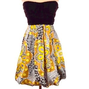 Ruby Rox Strapless Black, Lilac, Gold and Yellow Patterned Bubble Hem Dress Sz S